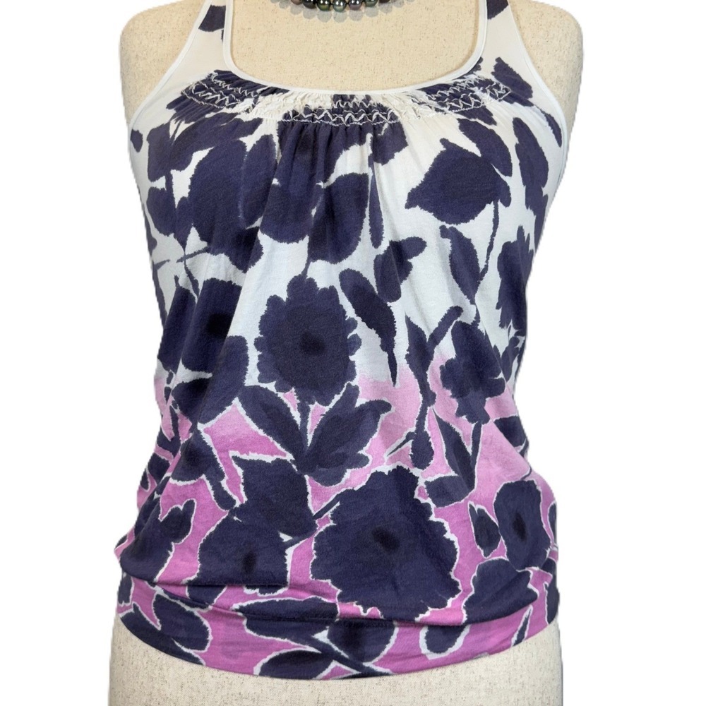 American Eagle Boho Floral Tank Smocked Neckline Small Pink Gray White